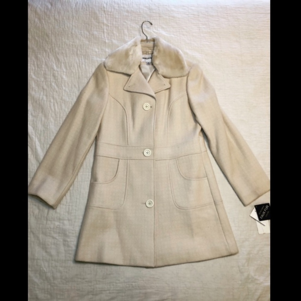 Charles Klein Wool Cream Coat w/ Faux Fur